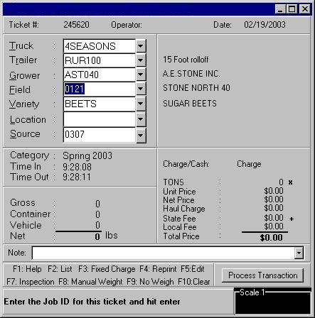 SHARP (Harvest Receiving System) Ticket Screen